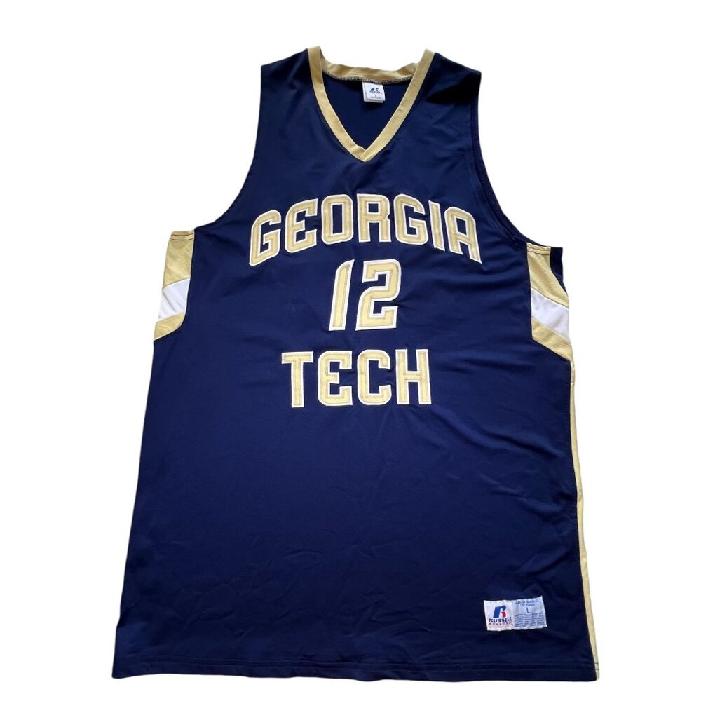 Vtg Georgia Tech #12 Jersey Large Russell Athletic USA NCAA Retro Blue Gold